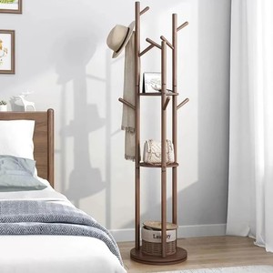 Porte-manteau en bois sur pied avec 3 étagères et 10 crochets, style scandinave moderne, meuble de rangement pour entrée - Product Image 2