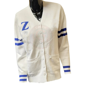 Cardigan blanc en tricot pour femme, style preppy, avec lettre Z bleue et rayures, col en V, manches longues, de la sororité Zeta ZPB. - Product Image 1