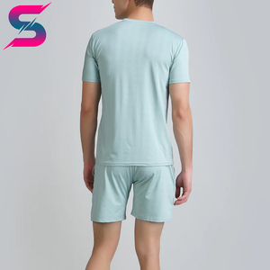 Conjunto de Camiseta y Pantalones Cortos de Algodón Azul Claro para Hombre, Cuello Redondo, Color Sólido, Informal, Transpirable, Tejido de Punto, para Verano, Precio al por Mayor - Product Image 4