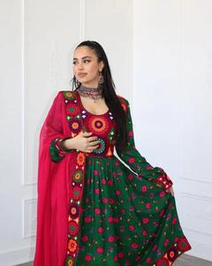 Vestido Afgano Verde Oscuro Contemporáneo con Bordado Floral Rojo y Pañuelo de Chifón a Juego con Elegante Trabajo y Diseño Artesanal - Product Image 1