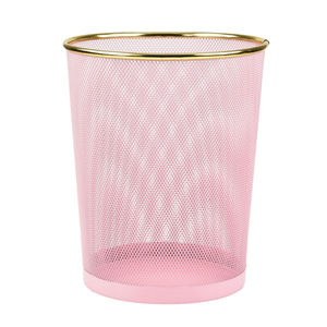 Cesto de basura moderno de malla metálica rosa, redondo, con borde dorado, de acero, para oficina, hogar, baño, dormitorio, cocina. - Product Image 1