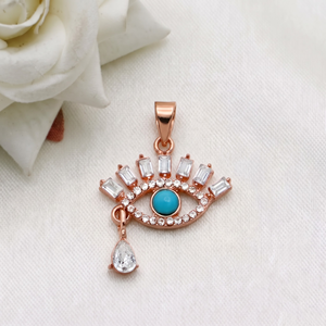 Pendentif Œil Turc en Argent Sterling 925 Massif Plaqué Or Rose avec Turquoise et Zircon Cubique Baguette, Bijoux Fins, Vente en Gros, Memoria Jewels - Product Image 1