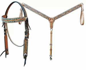 Ensemble de collier et de harnais en cuir marron pour cheval avec motif floral brodé, style western, ajustement personnalisé LC-345, emballage inclus - Product Image 1