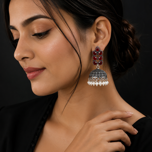 Pendientes Jhumka Bohemios de Latón Plateado con Ónix, Estilo Antiguo, Venta al por Mayor |   Pendientes de Perlas de Imitación Étnicas Indias Hechos a Mano para - Product Image 3