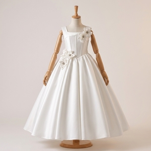 Vestido de Niña para Dama de Honor, Estilo Princesa, en Color Marfil, con Estructura de Satén, Apliques Florales 3D Hechos a Mano, para Bodas - Product Image 1