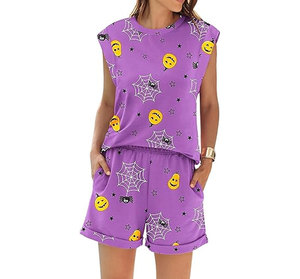 Conjunto de Top y Shorts de Satén 100% Algodón para Mujer, Estilo Casual, Cuello Redondo, Dos Piezas con Bolsillos, para Halloween - Product Image 3
