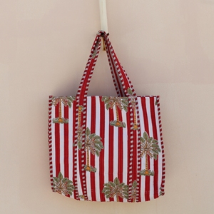 Handcrafted Quilted Cotton Tote Bag with Long Handle Red <b>White</b> <b>Strips</b> Tropical Palm Print Lightweight Travel & Shopping Bag - Product Image 3