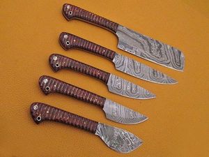 Juego de 5 Cuchillos de Cocina Hechos a Mano de Acero de Damasco con Hoja Recta y Punta Caída, con Mangos de Madera, Personalizables OEM/ODM/OBM - Product Image 5