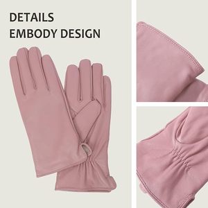 Gants en cuir pour femmes, gants d'hiver à écran tactile, chauds, pour la conduite, en peau d'agneau, doublés de cachemire, rose - Product Image 2