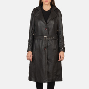 เสื้อโค้ทเทรนช์ผู้หญิงทำมือ ดีไซน์ทันสมัย หนังแท้ 100% สีดำ ทรงยาว สำหรับฤดูหนาว ปรับแต่งได้ - Product Image 1