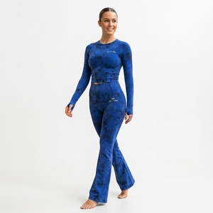Women <b>Royal</b> <b>Blue</b> Acid Wash Yoga Set Long Sleeve Crop Top Flare <b>Leggings</b> Gym Fitness Workout Activewear - Product Image 3