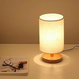 Lampe de table LED nordique moderne avec base en bois et abat-jour en tissu, lumière de chevet à lueur chaude pour chambre à coucher, bureau ou table d'étude - Product Image 1