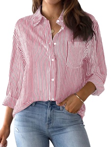 Womens 100% Polyester Woven Button Shirt <b>Long</b> Sleeve Striped Eco-Friendly Office Blouse Professional Work Classic Collared <b>Top</b> - Product Image 3