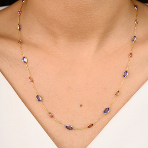 18K Solid Yellow Gold Tanzanite and Tourmaline Station Fashion Necklace - Product Image 1