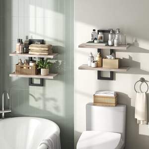 Étagères murales flottantes en bois de 15 pouces, lot de 2 étagères suspendues à 2 niveaux pour salle de bain et salon, résistantes à l'eau et réglables - Product Image 4