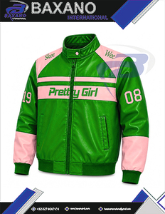 อัลฟ่า |   คาปา |   เสื้อแจ็คเก็ตวาร์ซิตี้สีเขียวชมพูสำหรับผู้หญิง ยี่ห้ออัลฟ่า โซโรริตี้  ตกแต่งด้วยหนัง PU  ซิปด้านหน้า  แขนเสื้อปักตัวอักษร  สไตล์เรซซิ่ง - Product Image 5