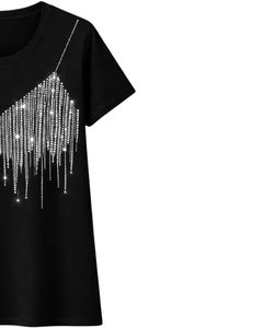 Camiseta de Algodón Negra Personalizada para Mujer, con Gráfico de Corazón con Pedrería, Informal, de Manga Corta, Top de Verano a la Moda, Fabricante de Logotipos Personalizados OEM - Product Image 4