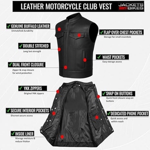 Custom Men's <b>Black</b> Genuine Leather Biker <b>Vest</b> Stand Collar Motorcycle Leather <b>Vest</b> Sleeveless Leather Jacket - Product Image 3