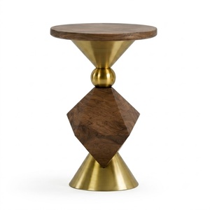 Modern Round Walnut Wood Side Table With Brass Metal Base Contemporary Design For Living Room Furniture Decoration - Product Image 1