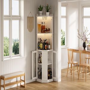 Mobile Bar da Vino Stile Fattoria da 170,5 cm con Presa di Corrente, Ripiani Regolabili, Materiale in Metallo per Uso Domestico, Vetro con Luci - Product Image 6
