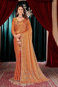 Sari de mariée indien Abhi Fashion Designer en satin Fandy orange, brodé de motifs complexes, à manches longues et longueur ras du sol - Product Image 3