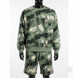 Ensemble sweat-shirt et short en molleton de coton mélangé premium 320 GSM pour homme, imprimé graphique olive, logo personnalisé - Product Image 1