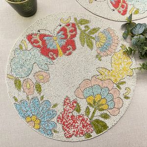 Handmade Beads <b>Table</b> Placemat Floral Bunny Design <b>Round</b> Bead Embroidery <b>Mat</b> Luxury Boho <b>Table</b> Decor Easter Spring HomeDecoration - Product Image 1