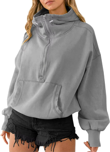 Women's <b>Black</b> Oversized Cropped <b>Hoodie</b> Long Sleeve Stand Collar <b>Zipper</b> Front Solid Color Breathable Knitted Sweatshirt Hoodies - Product Image 3