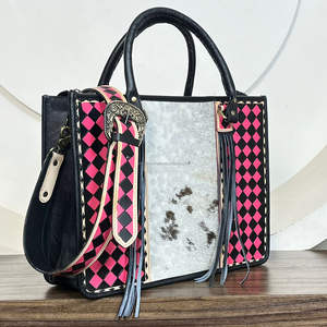 Nouveauté 2025 Sac fourre-tout en cuir de vachette artisanal de créateur avec motif à carreaux rose et noir et franges, sacs à main à bandoulière - Product Image 5