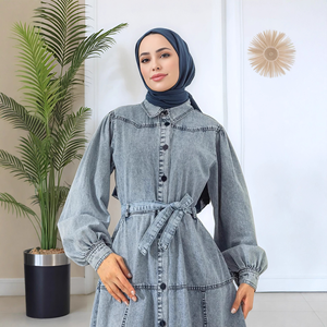 Vestido Maxi de Mezclilla para Mujer, Estilo Musulmán de Oriente Medio, con Cuello de Solapa, Elegante, para Ramadán, Jalabiya, Abaya Árabe, con Botones y Cinturón - Product Image 4