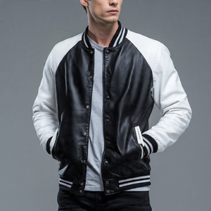 College Baseball Leather Varsity <b>Jacket</b> <b>Men</b> <b>White</b> PU Leather Varsity <b>Jackets</b> <b>Men's</b> Breathable Crew Neck Leather <b>Jacket</b> <b>Mens</b> - Product Image 3