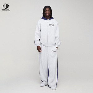 Chándal con capucha y cremallera de bloque de color gris de gran tamaño Conjunto de joggers de pierna ancha de peso pesado y Sudadera con capucha corta Chándal de bloque de color personalizado - Product Image 1
