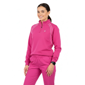 Women Wholesale Scrub Jacket Quarter Zip Custom Logo Pullover <b>Mock</b> <b>Neck</b> Ribbed Hem Medical Uniform Fleece Athletic Scrub Jackets - Product Image 1