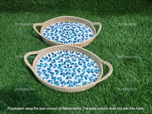 Ensemble de plateaux en rotin avec incrustations de nacre indienne, style rond, pour le service du thé, décoration festive et cadeaux, Utsav Elegance - Product Image 4