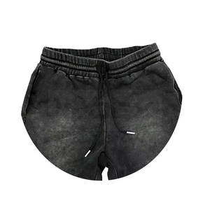 Shorts en coton noir pour homme, taille mi-haute, cordon de serrage, style décontracté, effet délavé, avec poches - Product Image 3