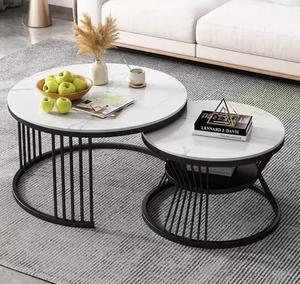 Modern Round <b>Marble</b> Top <b>Coffee</b> <b>Table</b> <b>Set</b> With Black Metal Base For Living Room Indoor Decor - Product Image 1