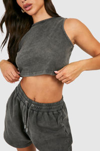 Conjunto de 2 piezas de algodón 100% a la moda para mujer, top corto y pantalón corto con efecto acid wash, conjunto deportivo de jersey grueso para mujer - Product Image 5