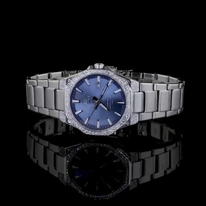 Montre unisexe de luxe avec diamants de laboratoire, boîtier en acier inoxydable, cadran en verre bleu, mouvement mécanique automatique, réserve de marche, 38 mm, 100 bars - Product Image 1