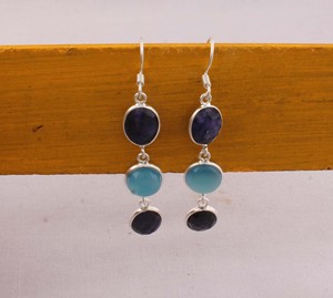 Artisan Lapis Lazuli Blue Chalcedony <b>Dangle</b> <b>Earrings</b> 925 <b>Silver</b> Two-Tiered Faceted Multi-Gemstone <b>Earrings</b> Manufacturer - Product Image 2