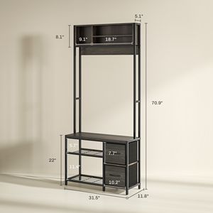 Porte-manteau d'entrée 5-en-1 avec 3 étagères de rangement, 2 tiroirs en tissu, banc et rangement à chaussures, gris - Product Image 3