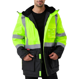 Men's High Visibility Hooded Winter Work <b>Jacket</b> Reflective Striped <b>Waterproof</b> Puffer Coat <b>Long</b> Sleeve With Pockets - Product Image 1