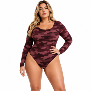 Women's Plus Size <b>Camouflage</b> Bodysuit Scoop Neck Long Sleeve Swim Suit Summer Beachwear One Piece Breathable Bathing Suit Ladies - Product Image 2