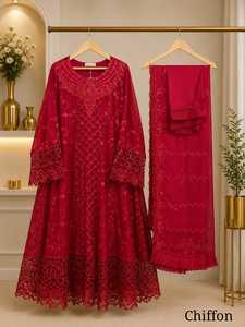 Ensemble Salwar Kameez en Chiffon pour Femmes, Broderie Florale, Style Indien et Pakistanais Traditionnel, Toutes Saisons, Tenue de Mariage et de Fête, Anarkali - Product Image 3