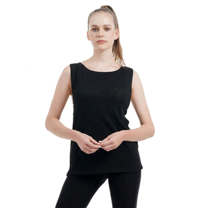 Haut sans manches noir pour femme à prix de gros avec passepoil noir, col bateau, mélange coton et polyester, décontracté et sportif pour femmes - Product Image 1
