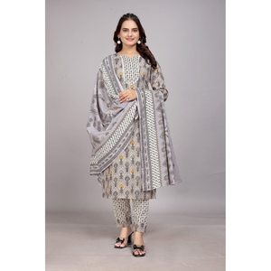 FANCY ALGODÓN MEZCLA FOIL ESTAMPADO TOP INFERIOR CON DUPATTA DE BLANCO - Product Image 1