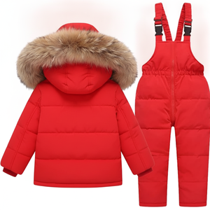 Premium Kids Red Winter Snowsuit Set Thick <b>Fur</b> Hooded Down Jacket and Padded Bib Pants for Boys and Girls Skiing - Product Image 3