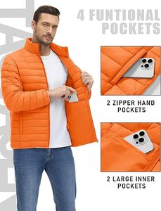 Chaqueta de Plumón Ligera Acolchada Naranja para Hombre, Cierre de Cremallera, Cuello Alto, Corte Regular, para Otoño y Actividades al Aire Libre - Product Image 6