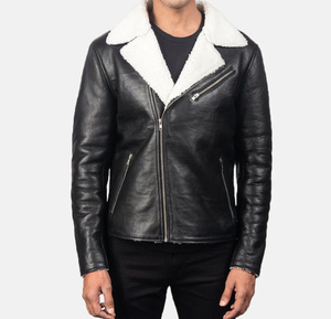 Blouson en cuir unisexe coupe ajustée pour moto, fermeture éclair, col montant, style urbain, hiver, noir, logo frontal, imperméable - Product Image 3