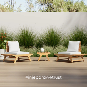 Canapé d'extérieur moderne en teck massif trois places avec dossier à lattes, pieds coniques et coussin imperméable pour villa et complexe hôtelier - Gumi - Product Image 2