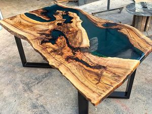 Table à manger rectangulaire en bois de chêne massif sur mesure avec résine époxy turquoise, pieds en forme d'épingle à cheveux, design moderne pour hôtel et entrepôt - Product Image 5